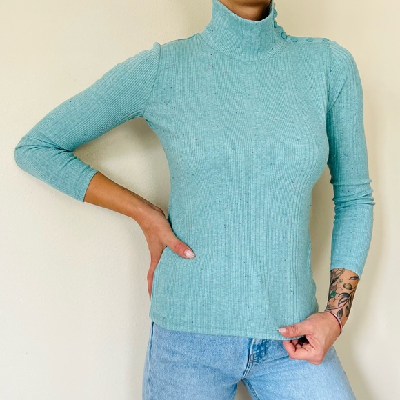 New T by Talbots long sleeve Turquoise turtleneck Snap Shoulder Ribbed top - Picture 1 of 9